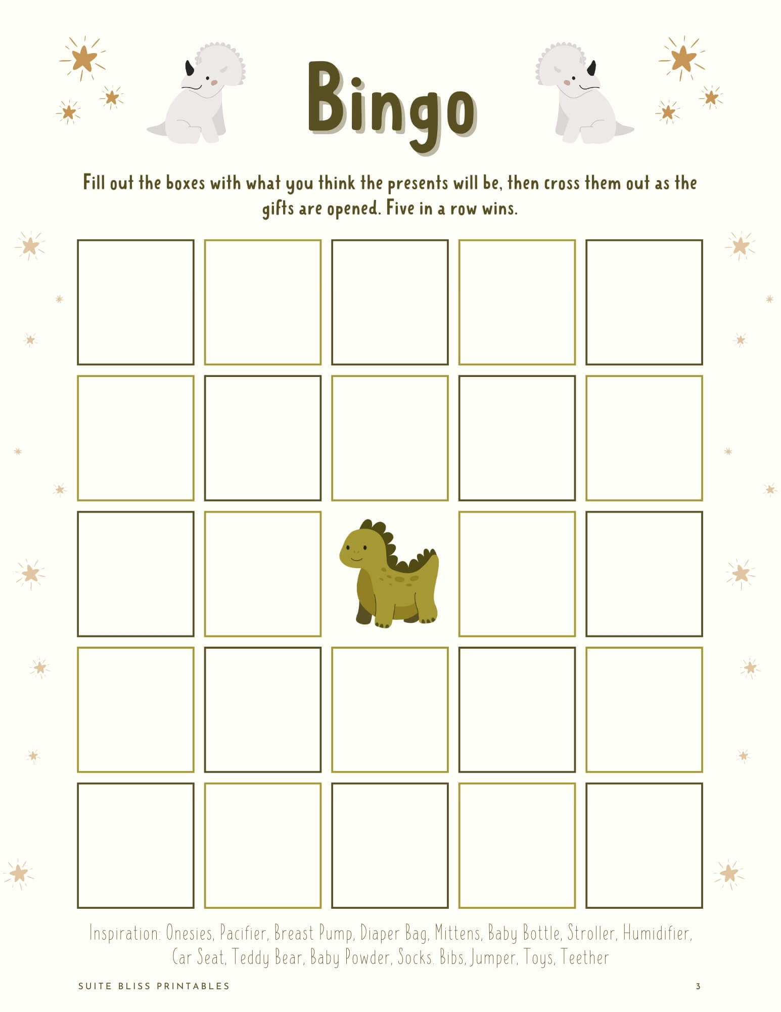 Dinosaur Baby Shower Game Printable Bingo