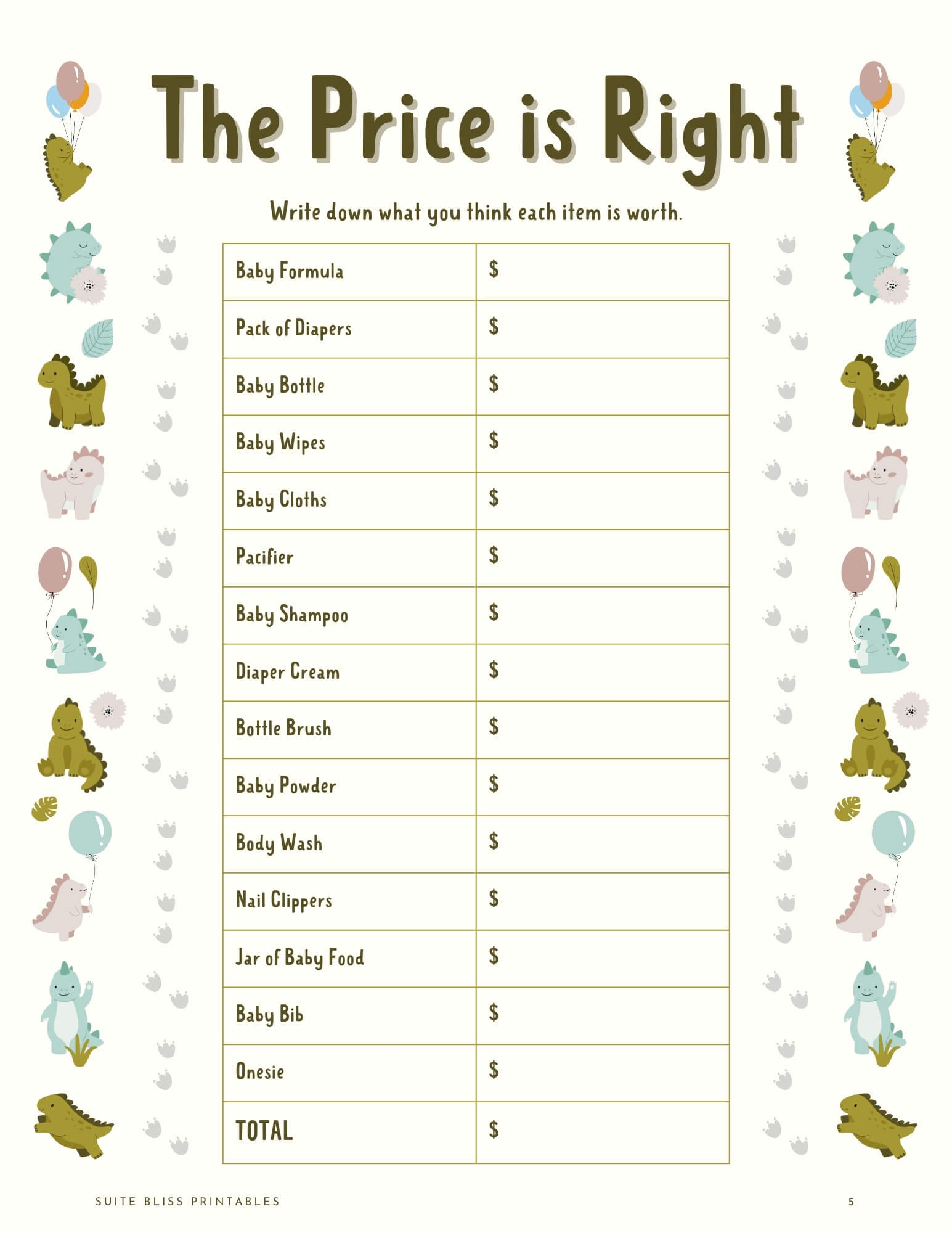 Dinosaur Baby Shower Game Printable Price is Right