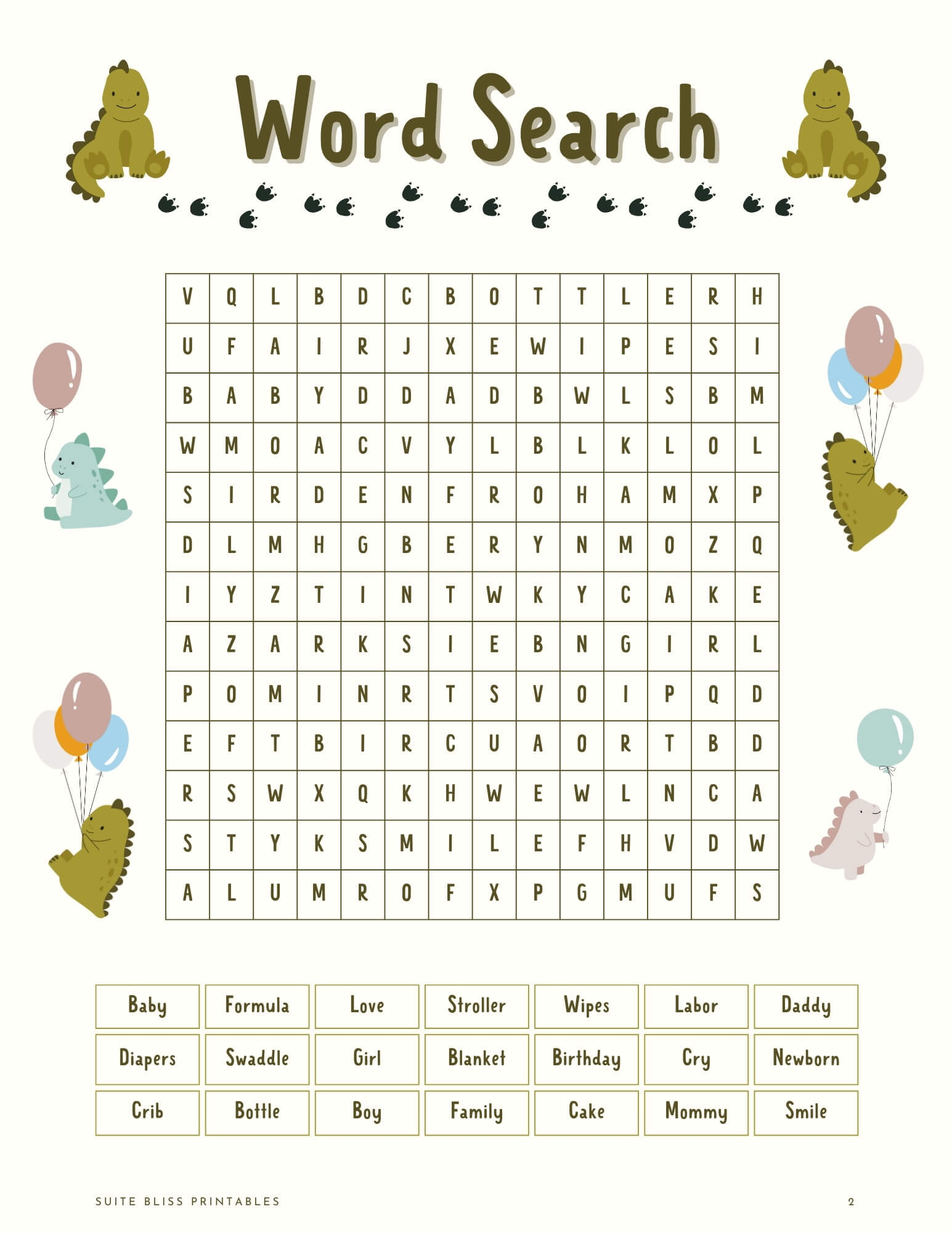 Dinosaur Baby Shower Game Printable Word Search
